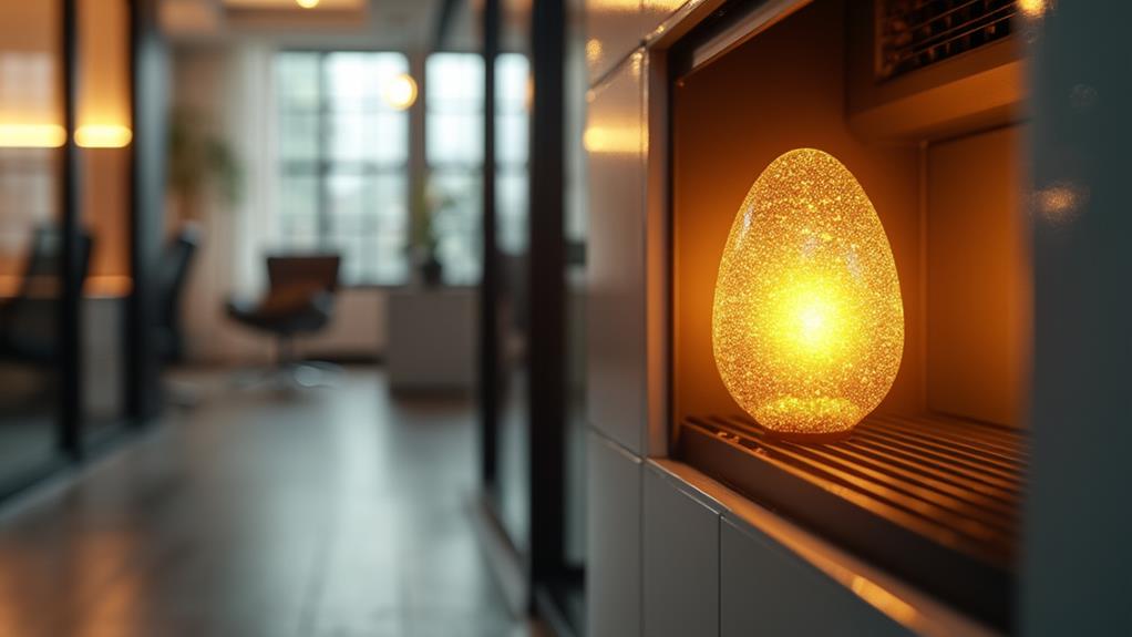 A glowing egg-shaped object inside a modern fireplace.