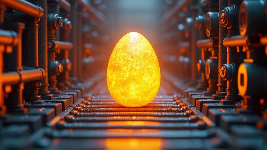 A glowing egg on a conveyor belt in a futuristic industrial setting.